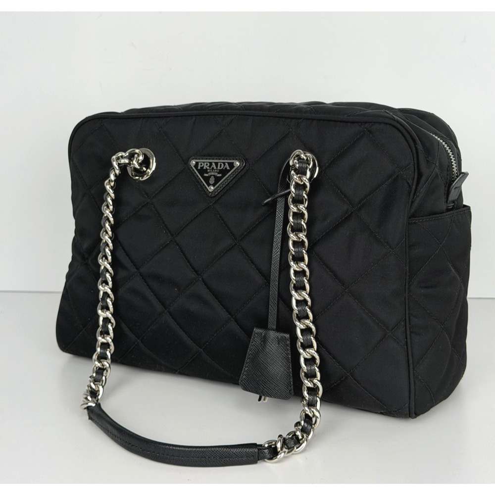 Prada Tessuto Impuntu Quilted Shoulder Bag Medium in Black Nylon S17